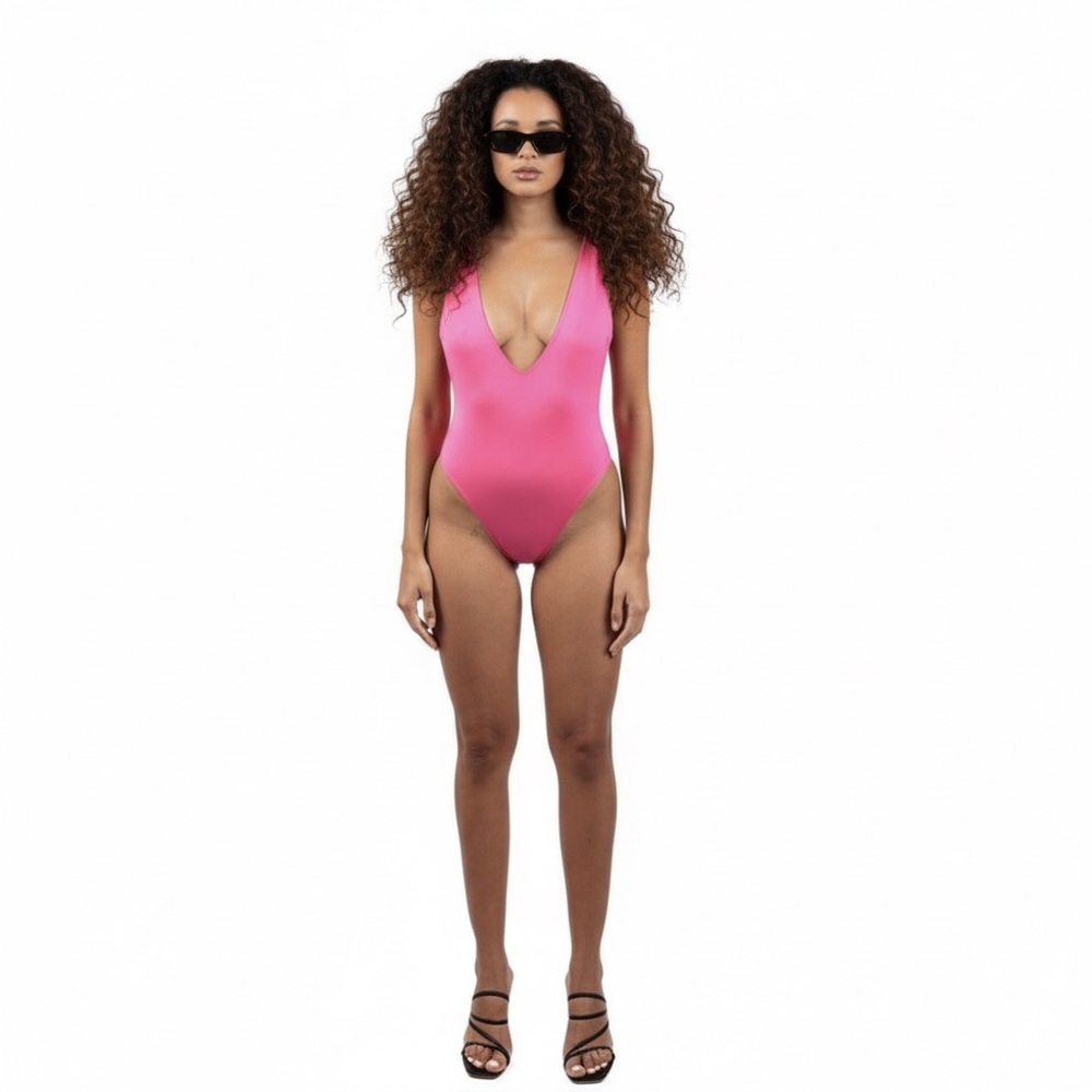 Pink One Piece Swimsuit with Neckline reversible pink-fuchsia with small detail